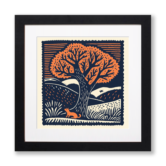 Oak tree with squirrel Linoprint-Style Art (102-1)