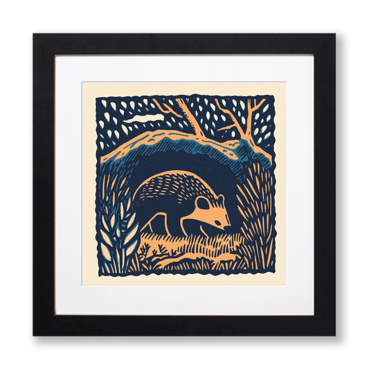 Badger emerging from sett Linoprint-Style Art (83-1)