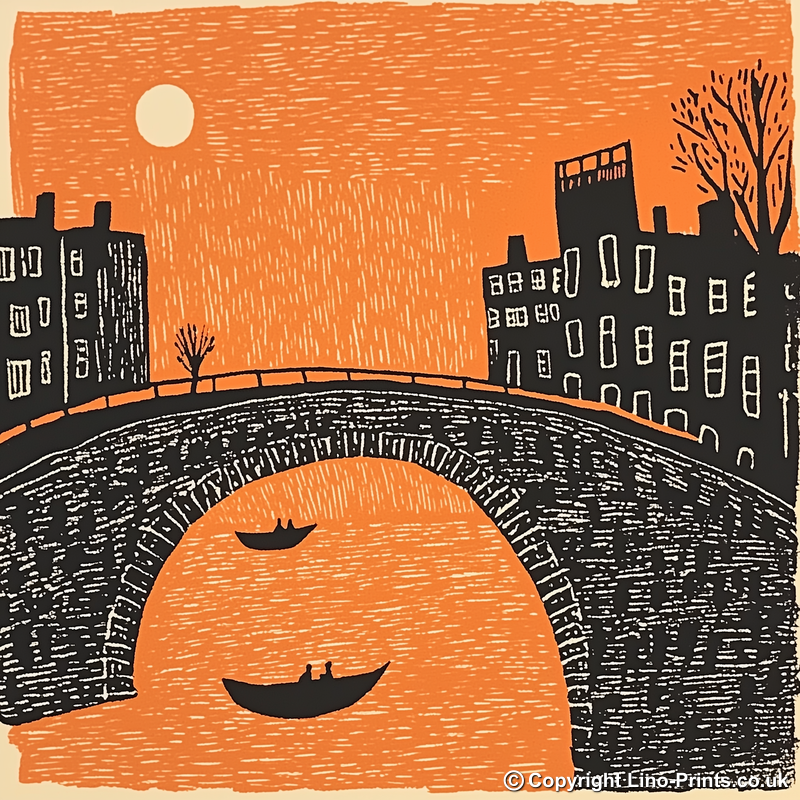 Cambridge punts and bridges Linoprint-Style Art (168-1)