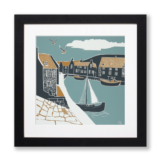 Whitby Harbour, North Yorkshire Linoprint-Style Art (1394-4)