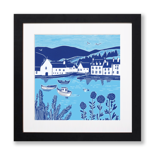 Portree Harbour, Isle of Skye Linoprint-Style Art (1102-1)