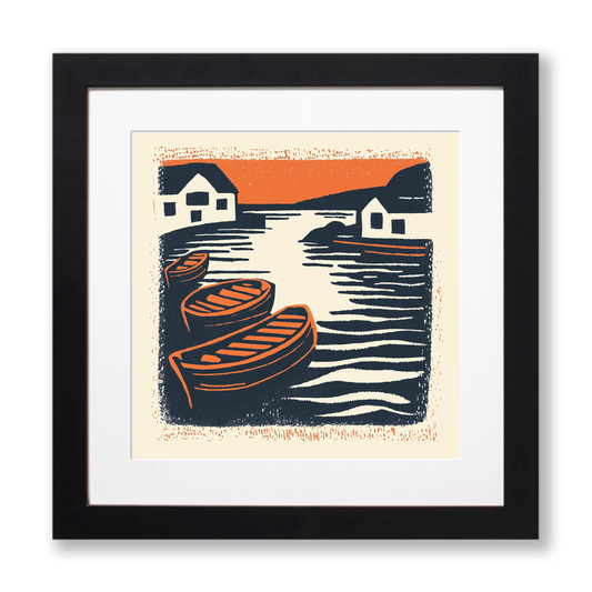 Reflections of boats in still harbour Linoprint-Style Art (2021-1)