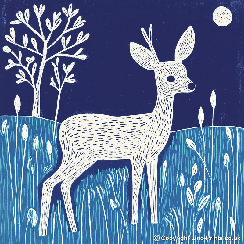 Cute Fawn (Baby Deer) Linoprint-Style Art (911-1)