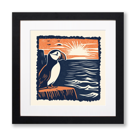 Puffin at the edge of the cliff Linoprint-Style Art (2017-1)