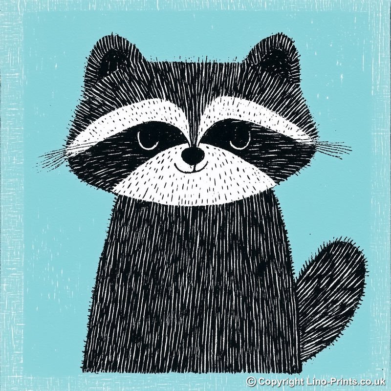 Cute Raccoon Kit Linoprint-Style Art (640-1)