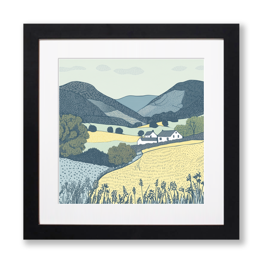 Borrowdale valley farms Linoprint-Style Art (2373-3)