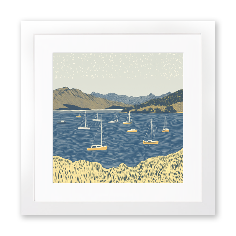 Lots of boats in Bowness Bay Linoprint-Style Art (2481-1)