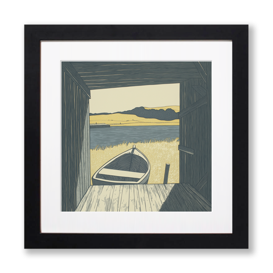 Boat inside open boathouse Linoprint-Style Art (2368-1)