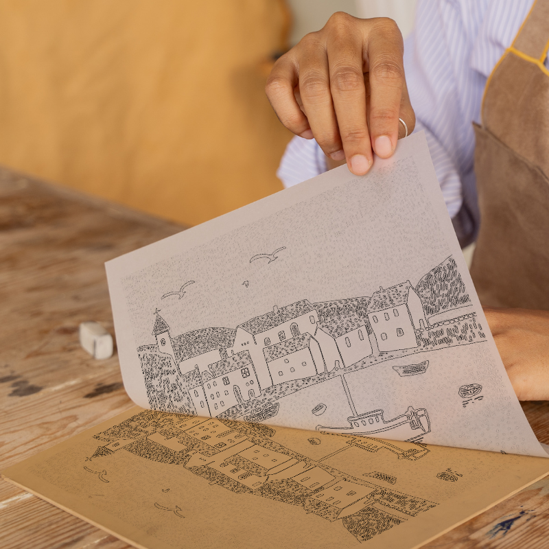 Mevagissey Harbour Linoprint-Style Art (599-1)