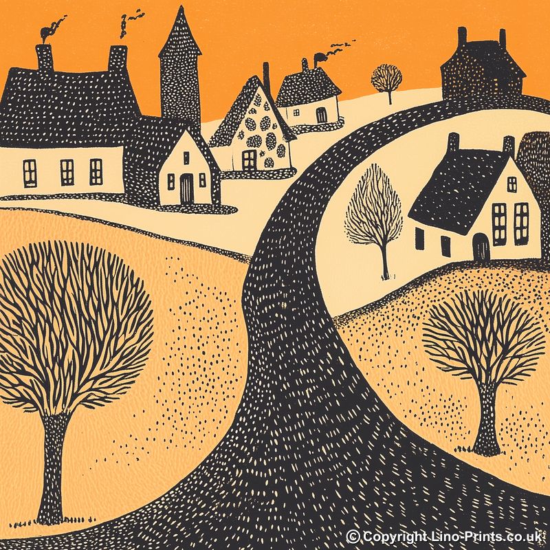 Bourton-on-the-Water, Cotswolds Linoprint-Style Art (166-1)