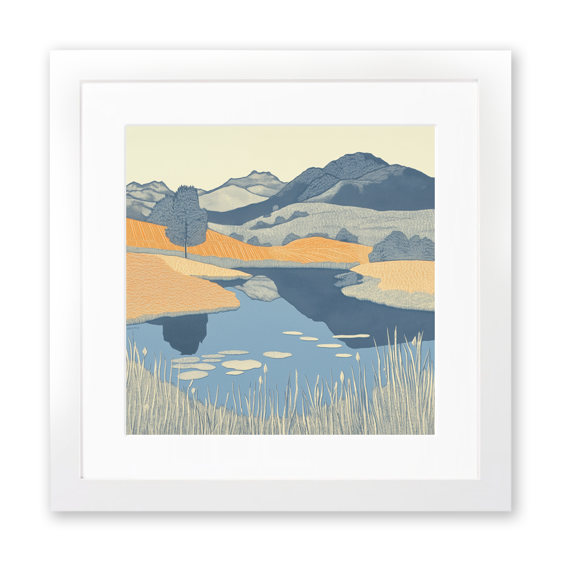 Blea Tarn reflections of Langdales Linoprint-Style Art (2362-4)