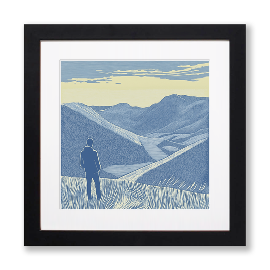 Hiker silhouette watching sunset over fells Linoprint-Style Art (2455-2)