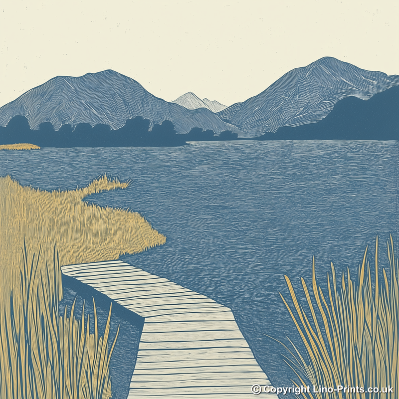Derwentwater jetties and islands Linoprint-Style Art (2405-2)