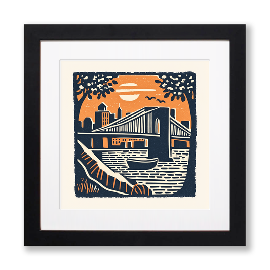 New York Brooklyn Bridge Linoprint-Style Art (22-3)