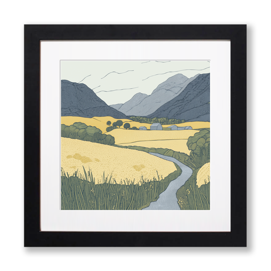 Borrowdale valley farms Linoprint-Style Art (2373-1)