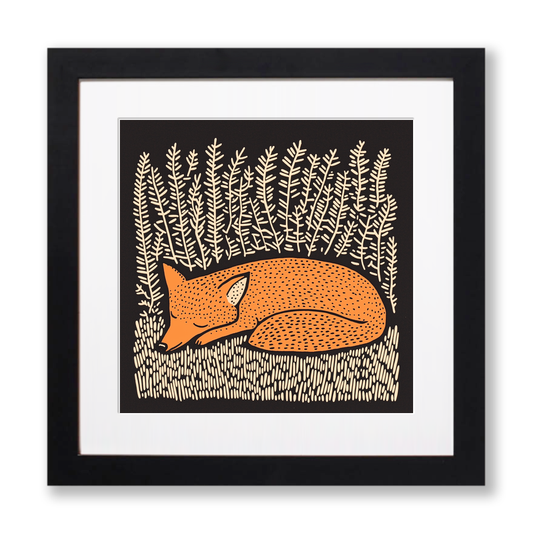 Ferns with resting fox Linoprint-Style Art (252-1)