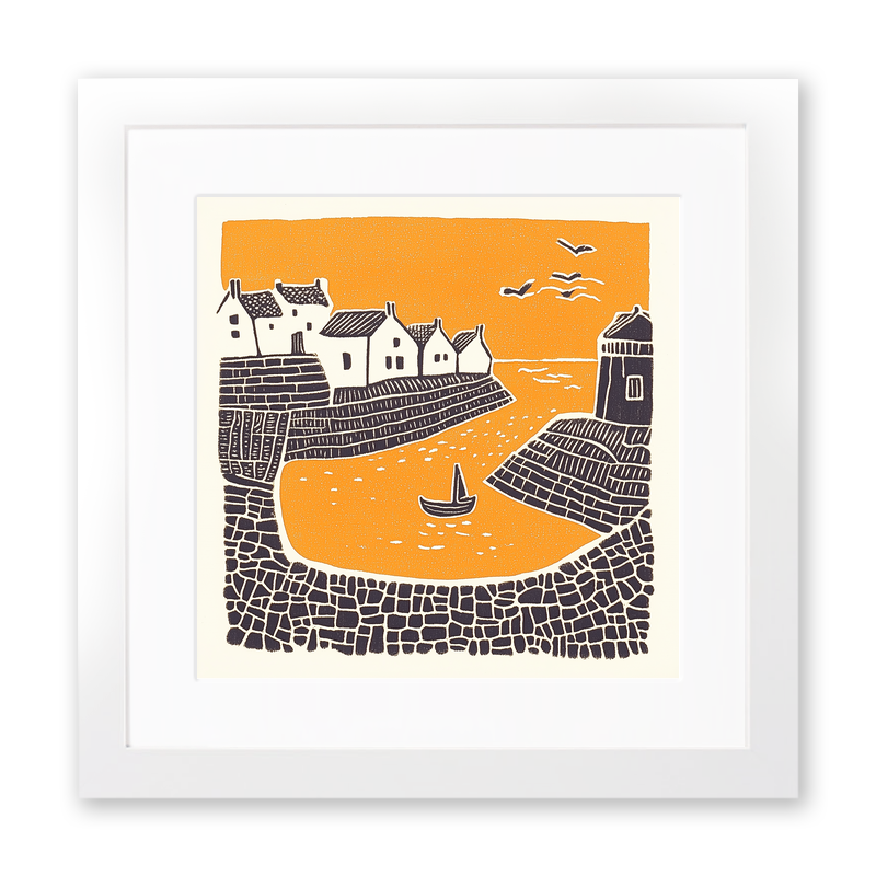Mousehole Harbour, Cornwall Linoprint-Style Art (304-1)