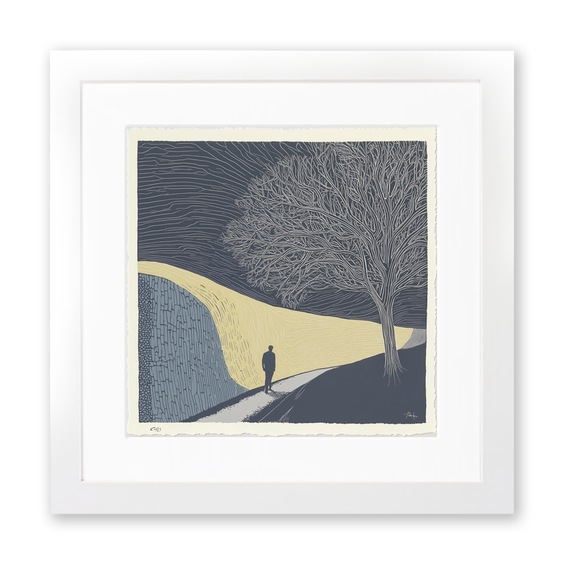 Wall silhouette leading towards a silhouetted tree Linoprint-Style Art (2593-3)