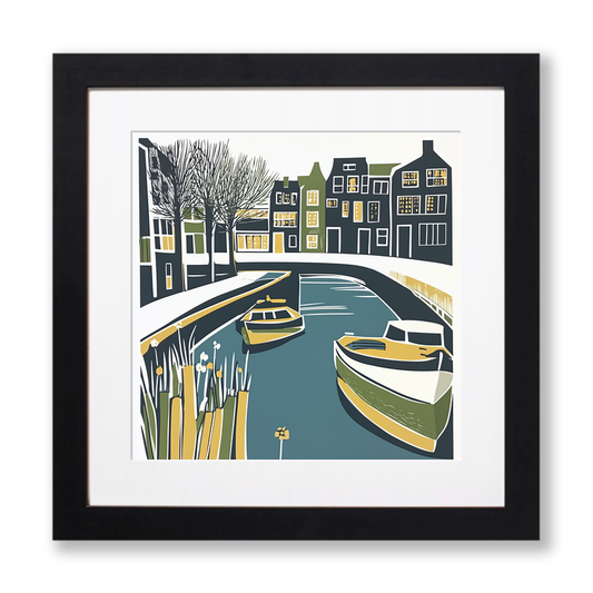 Amsterdam canal at twilight Linoprint-Style Art (1127-1)