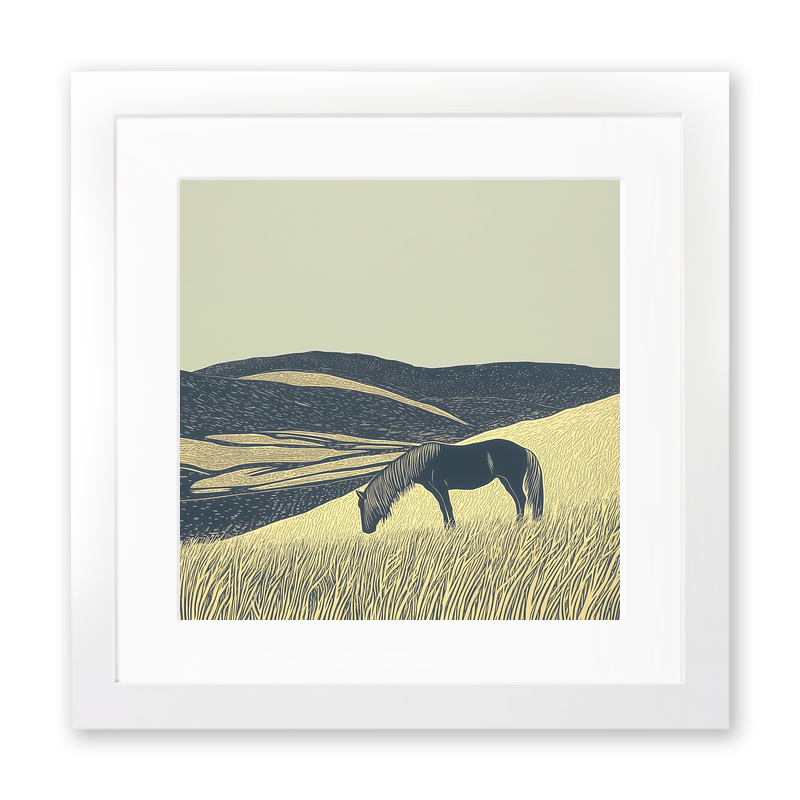 Fell pony silhouette grazing Linoprint-Style Art (2425-1)