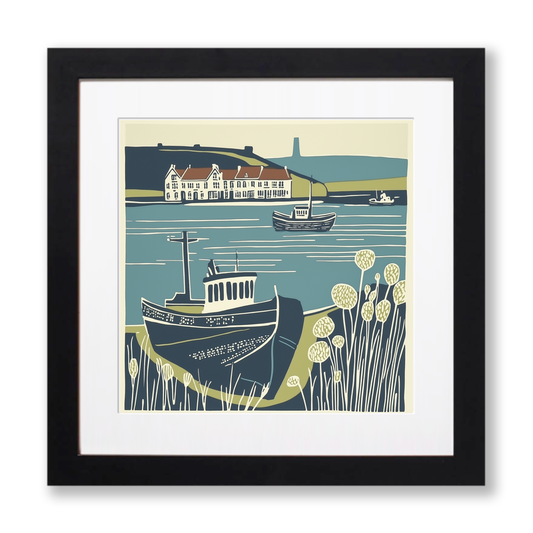 Whitby Harbour, North Yorkshire Linoprint-Style Art (1394-1)