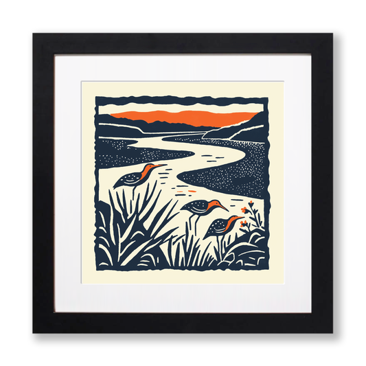 Redshanks feeding at the edge Linoprint-Style Art (2019-1)