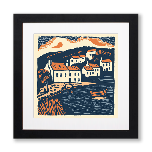 Coverack, Cornwall Linoprint-Style Art (130-2)