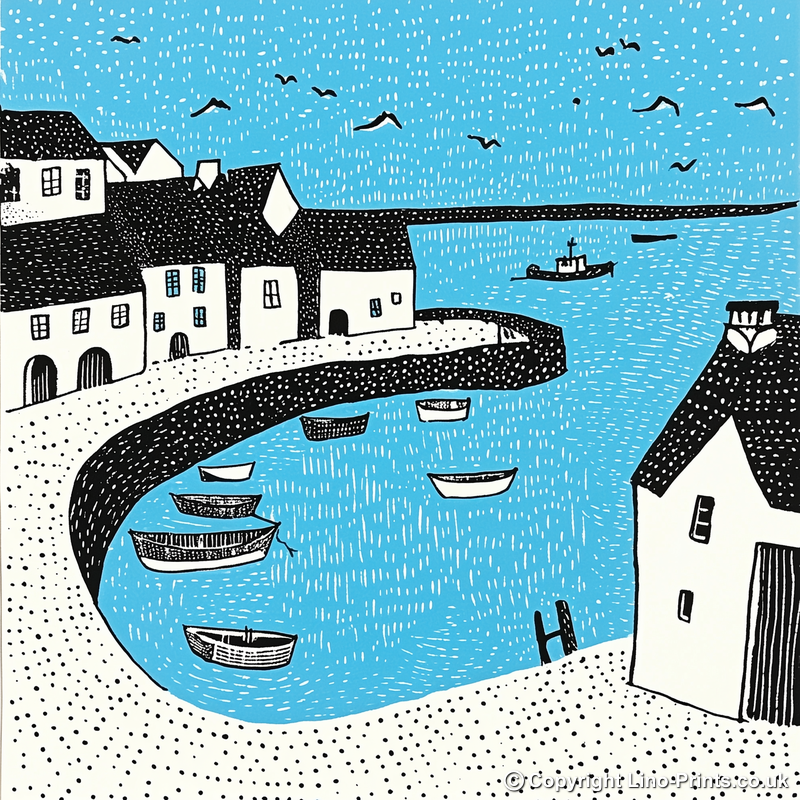 Mousehole Harbour, Cornwall Linoprint-Style Art (805-1)