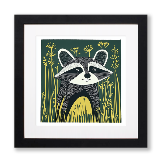 Cute Raccoon Kit Linoprint-Style Art (1222-1)