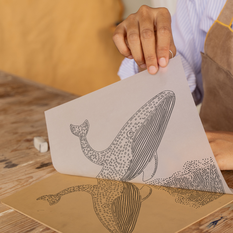 Whale breaching the surface Linoprint-Style Art (739-1)