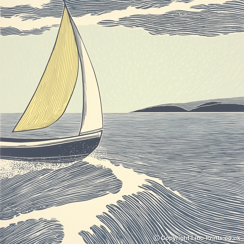 Sailing dinghy tilted by wind Linoprint-Style Art (2530-1)