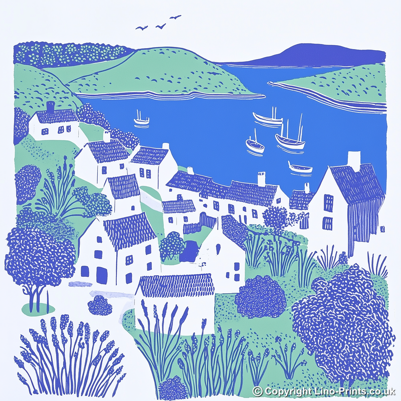 Village by the coast Linoprint-Style Art (978-1)