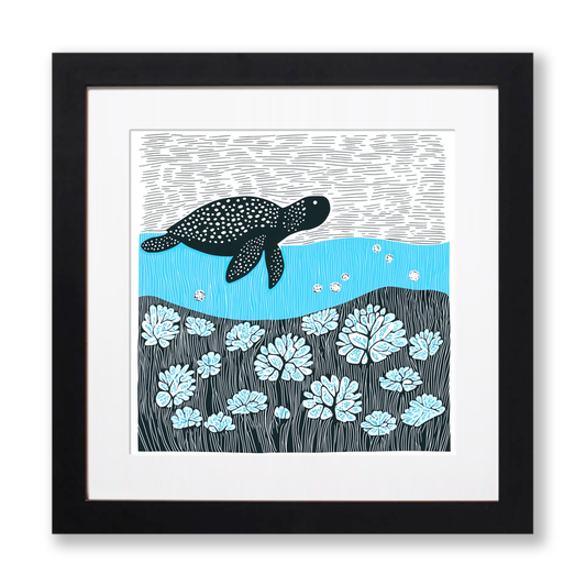 Sea turtle over coral reef Linoprint-Style Art (731-1)