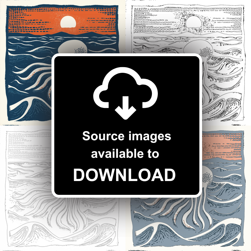 Jellyfish drifting in deep water Linoprint-Style Art (96-1)