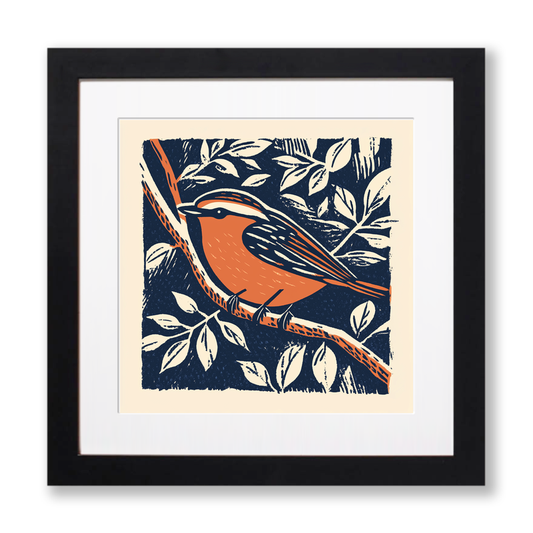 Cute Baby Robin Linoprint-Style Art (45-3)