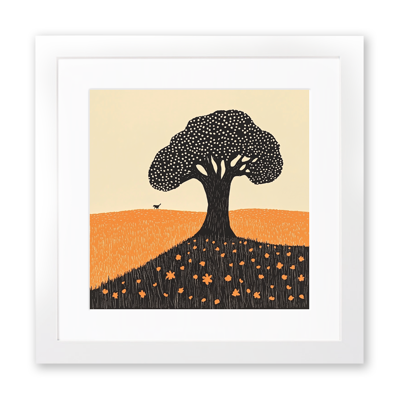 Ancient oak in a Norfolk field Linoprint-Style Art (2055-1)