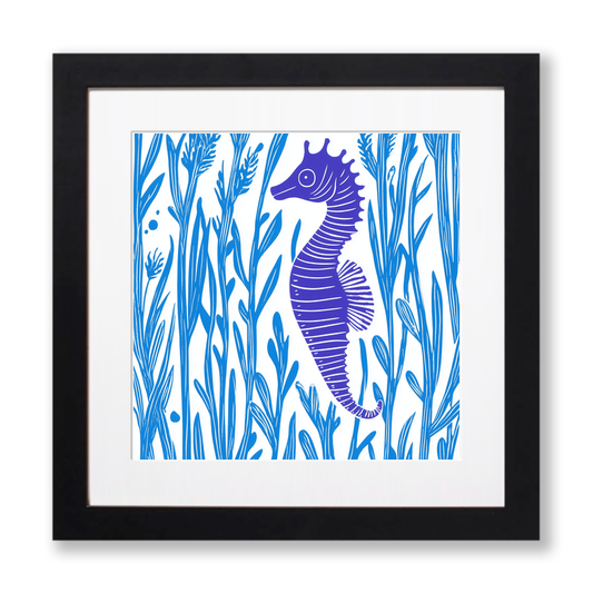 Seahorse in seaweed Linoprint-Style Art (1023-2)