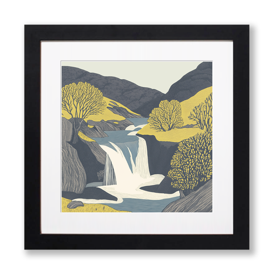 Stock Ghyll Force waterfall Linoprint-Style Art (2563-2)