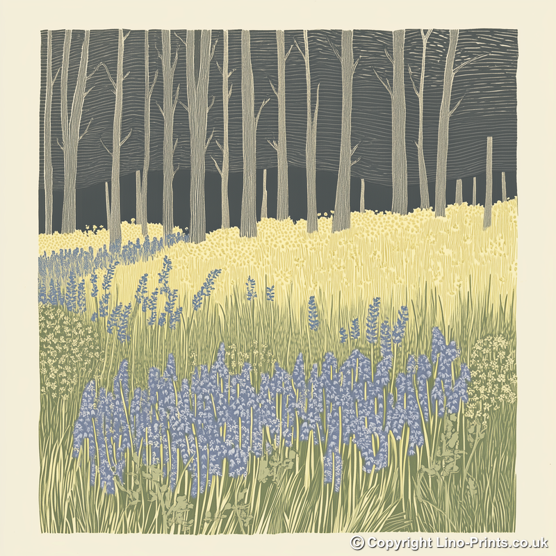 Bluebells in woodland Linoprint-Style Art (2366-2)