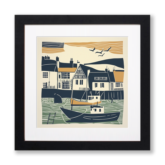 Whitby Harbour, North Yorkshire Linoprint-Style Art (1394-2)