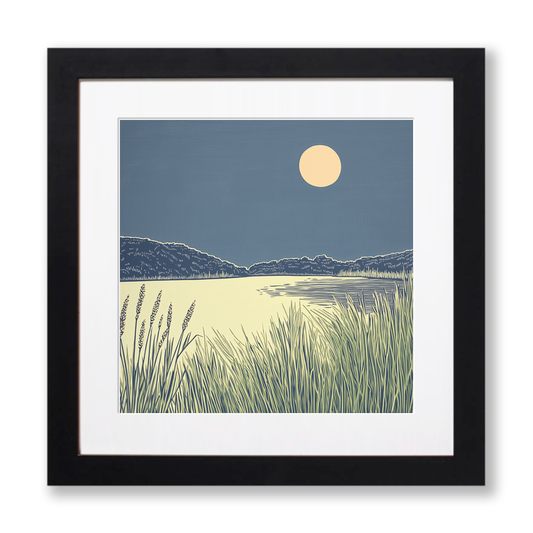 Sunset over a lake Linoprint-Style Art (2572-1)