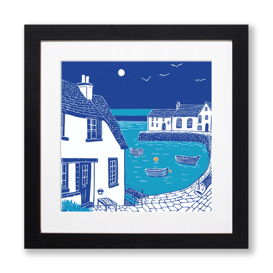 Mousehole Harbour, Cornwall Linoprint-Style Art (1096-2)