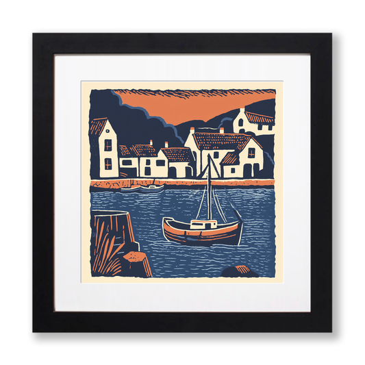 Looe Harbour, Cornwall Linoprint-Style Art (138-1)