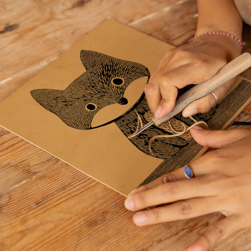 Cute Arctic Fox Pup Linoprint-Style Art (607-2)