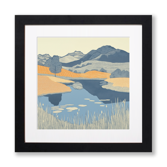 Blea Tarn reflections of Langdales Linoprint-Style Art (2362-4)
