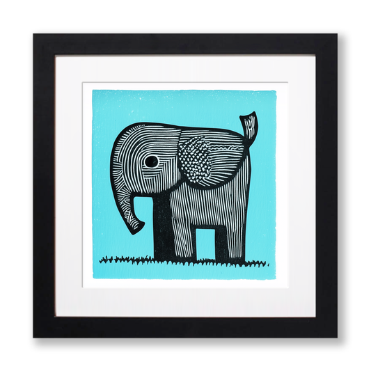 Cute Elephant Calf Linoprint-Style Art (619-1)