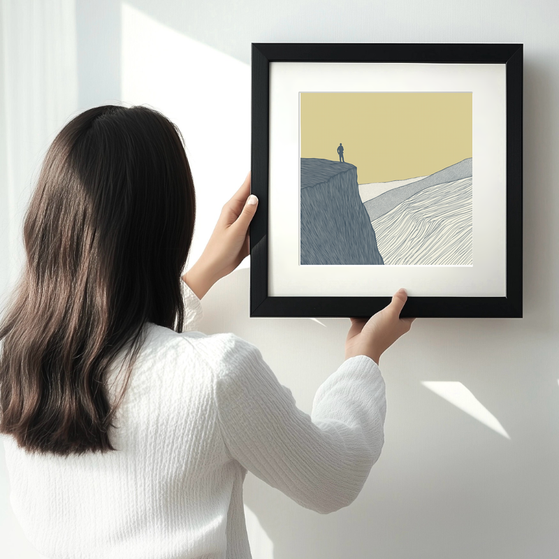 Climber silhouette on a crag edge Linoprint-Style Art (2386-1)