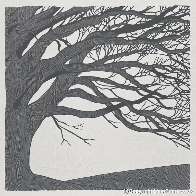 Bare winter tree branches silhouette Linoprint-Style Art (2359-1)