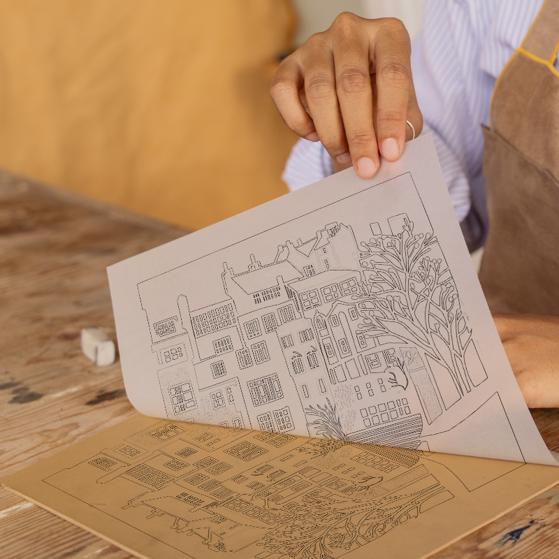 Vienna Hundertwasserhaus Linoprint-Style Art (1174-1)