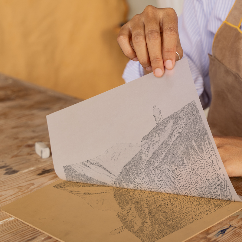 Hiker silhouette on a fell ridge Linoprint-Style Art (2454-2)